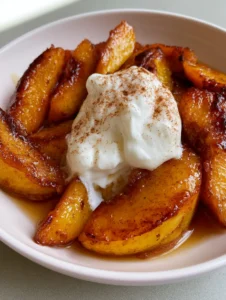 Close up of pan-seared Caramelized Peaches showing dark golden brown edges and glistening amber syrup.