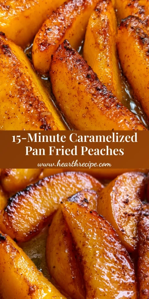 A close-up of Pan Fried Peaches in a cast iron skillet with charred edges and a thick amber cinnamon-butter glaze.
