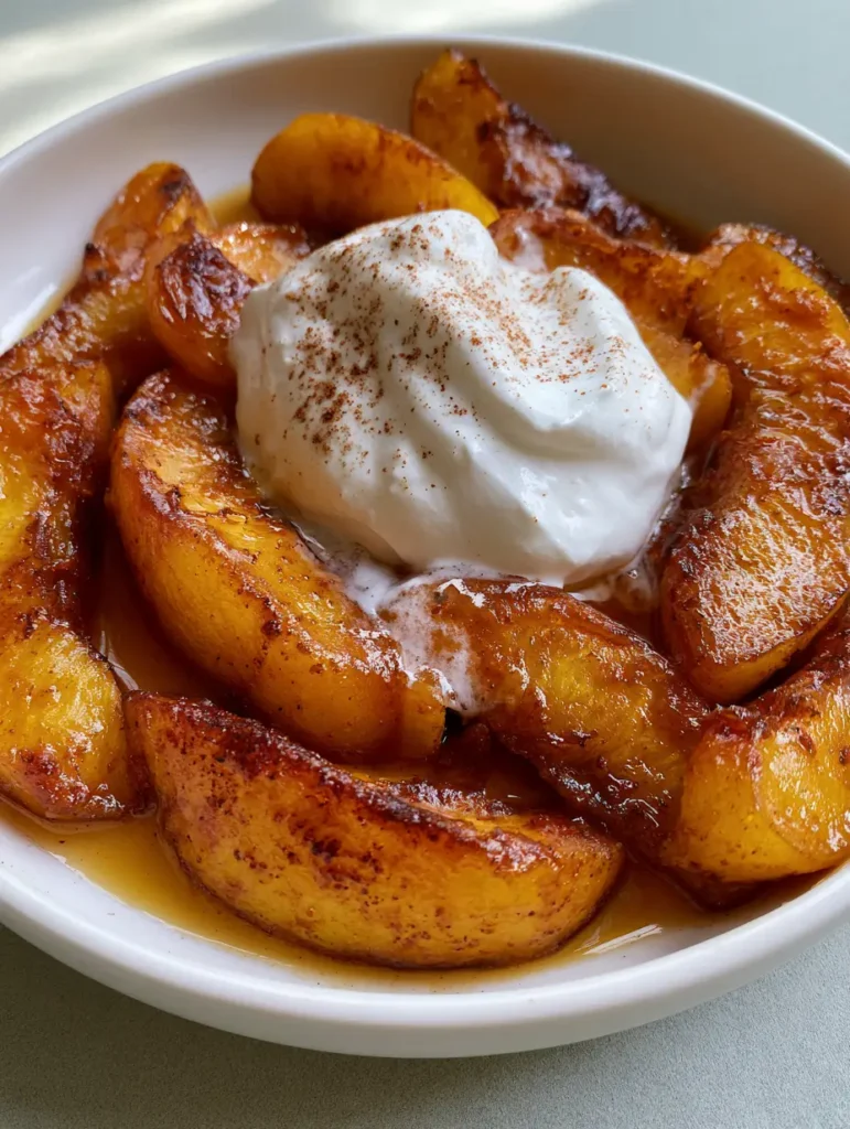 Caramelized Peaches in a white bowl with melting whipped cream and a dusting of cinnamon.