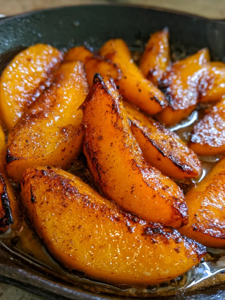 Sizzling Pan Fried Peaches in a dark cast iron skillet showing tiny specks of cinnamon and a glistening syrup.
