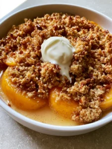 Handheld smartphone photo of a white ceramic baking dish containing Peach Crisp with Fresh Peaches, bubbling amber syrup, and a golden pecan crumble.