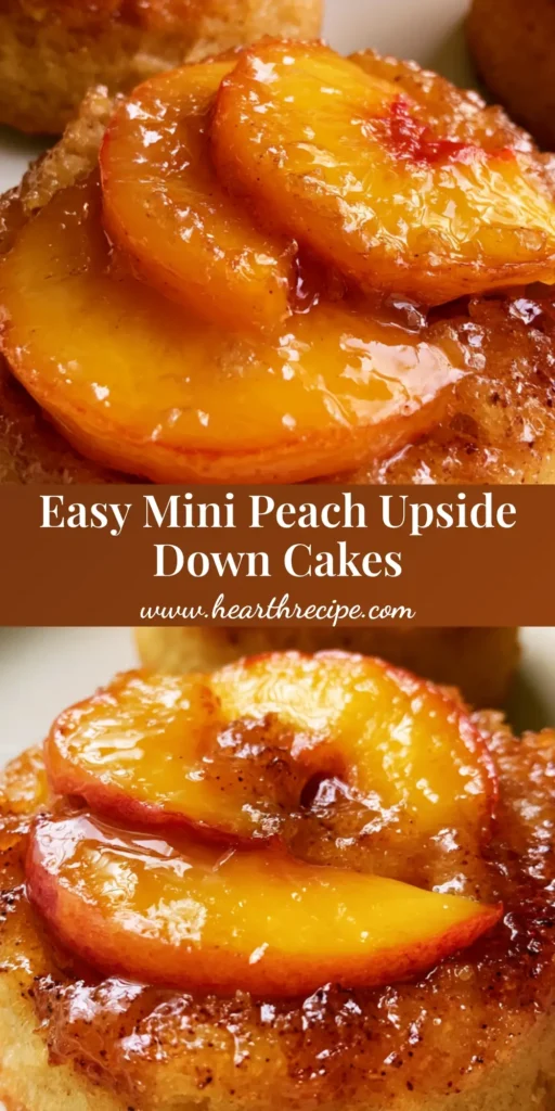 A handheld smartphone photo of individual mini peach upside down cakes with thin peach slices and a glossy amber glaze. (Mini Peach Upside Down Cakes)