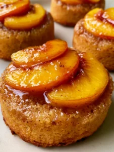 Overhead handheld shot of uniform circular mini peach upside down cakes on a neutral surface. (Mini Peach Upside Down Cakes)