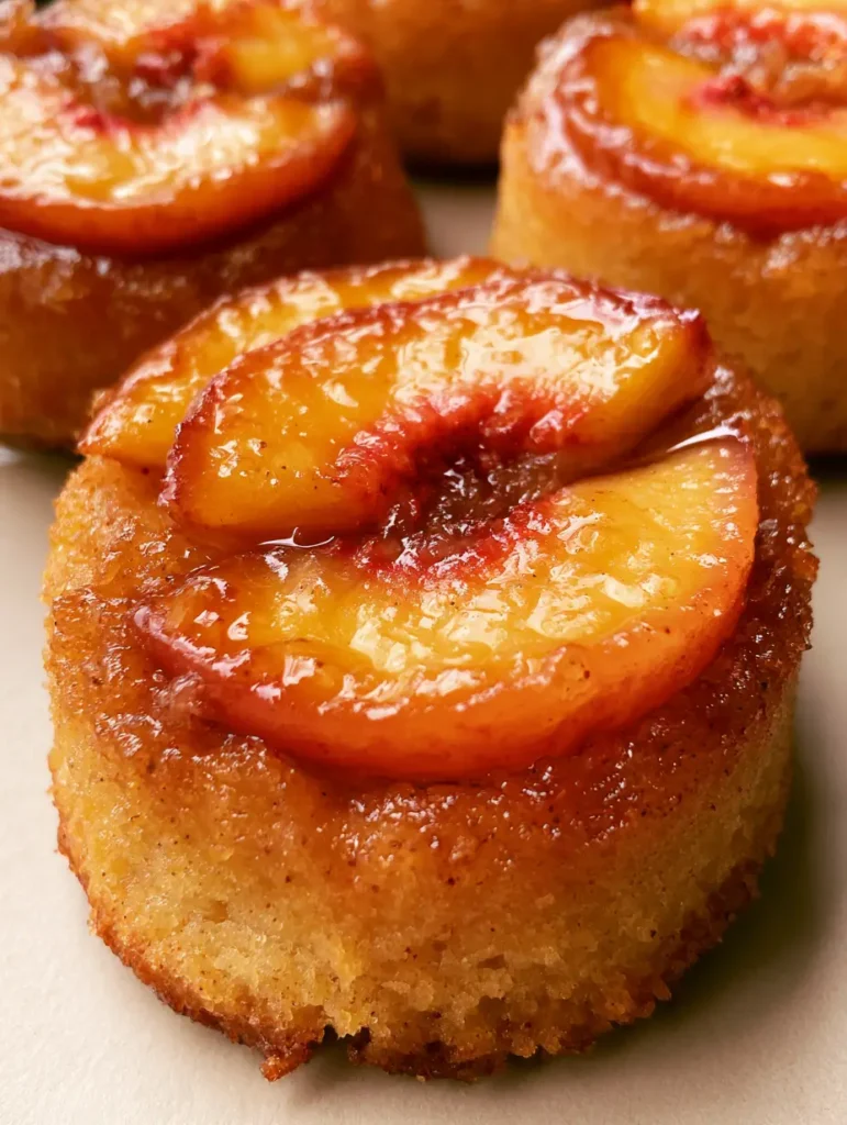 Close up of caramelized peach slices on a soft spiced sponge cake base. (Mini Peach Upside Down Cakes)