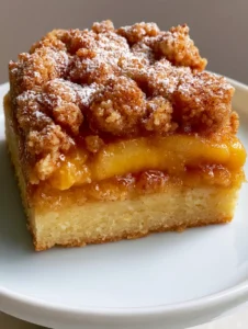 Close-up of Peach Streusel Bars showcasing the pale golden-tan buttery shortbread crust and softened peach layer. (Peach Streusel Bars)
