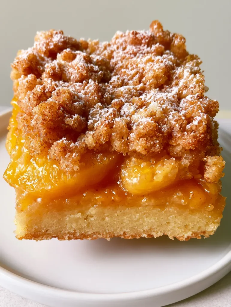 Overhead view of Peach Streusel Bars with a translucent amber-orange glaze and pebbled cinnamon streusel topping.