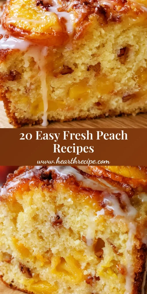 A handheld smartphone photo of sliced golden peach bread with walnuts and a white sugar glaze on a wooden surface. (easy peach recipes)