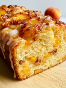 Close-up of a moist peach bread slice showing the golden-yellow crumb and soft peach pieces. (easy peach recipes)