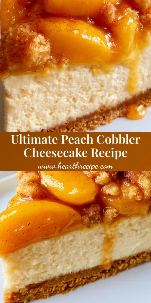 Peach Cobbler Cheesecake: The Ultimate Southern Fusion Dessert 4 A handheld smartphone photo of a thick slice of Peach Cobbler Cheesecake with amber syrup dripping down the side and golden cobbler chunks on a white plate.
