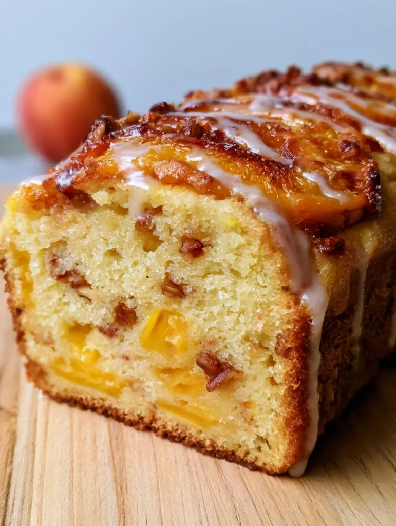 Top view of a peach loaf with caramelized peach slices and translucent white glaze runs.
