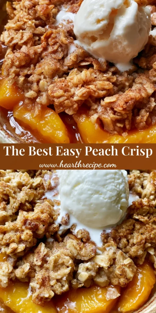 A rustic ceramic dish filled with Fresh Peach Crisp Recipe featuring bubbling amber syrup and a golden oat topping with melting vanilla ice cream.