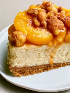 A close-up vertical shot of a Peach Cobbler Cheesecake slice showing the ivory layer and glistening orange peaches with cinnamon syrup.
