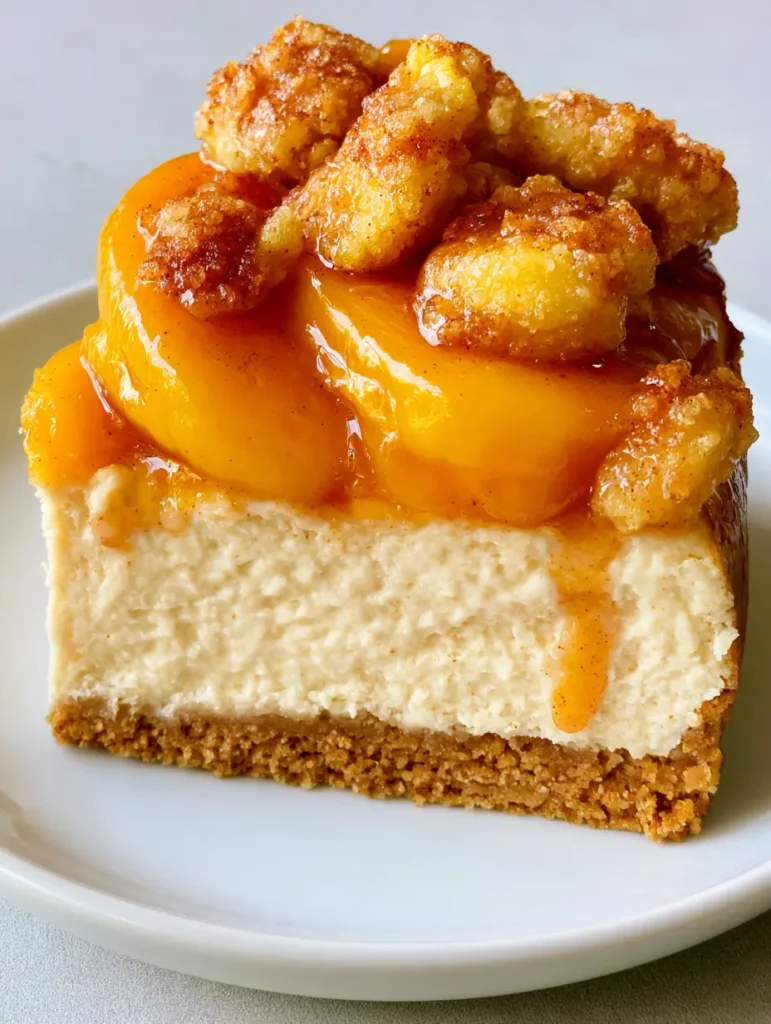 Peach Cobbler Cheesecake: The Ultimate Southern Fusion Dessert 1 A handheld mobile photo of Peach Cobbler Cheesecake served on a white ceramic plate against a light gray background.