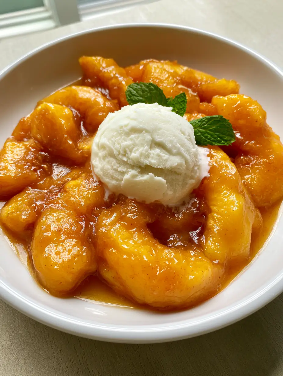 A handheld smartphone photo showing orange peaches glistening in syrup with a melting ice cream scoop and mint. (Peach Dessert Recipes)