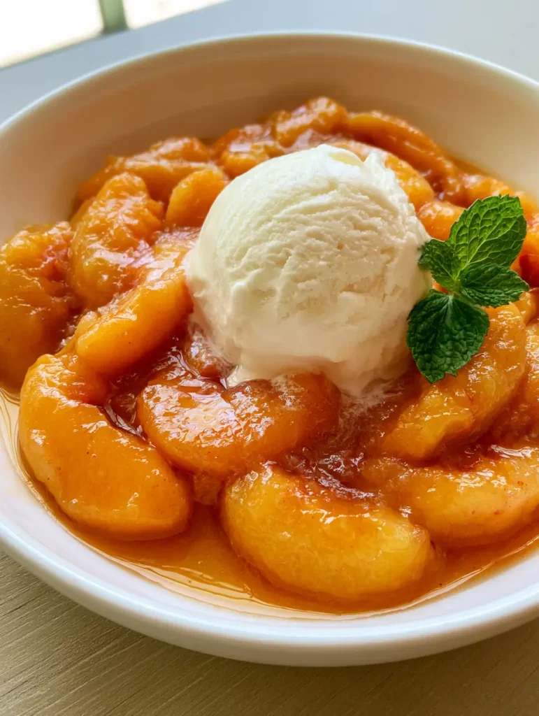 Soft natural daylight hitting a white ceramic bowl filled with tender sliced peaches and a scoop of vanilla ice cream.