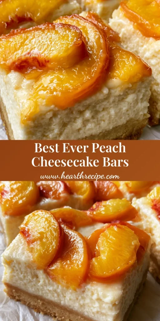 A close-up of sliced Peach and Cream Cheese Bars featuring a golden-brown shortbread crust, smooth white filling, and glistening fresh peach slices on crinkled parchment paper.
