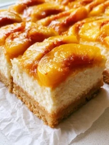 Handheld photo showing the side profile of Peach and Cream Cheese Bars with a thick crust and creamy center.