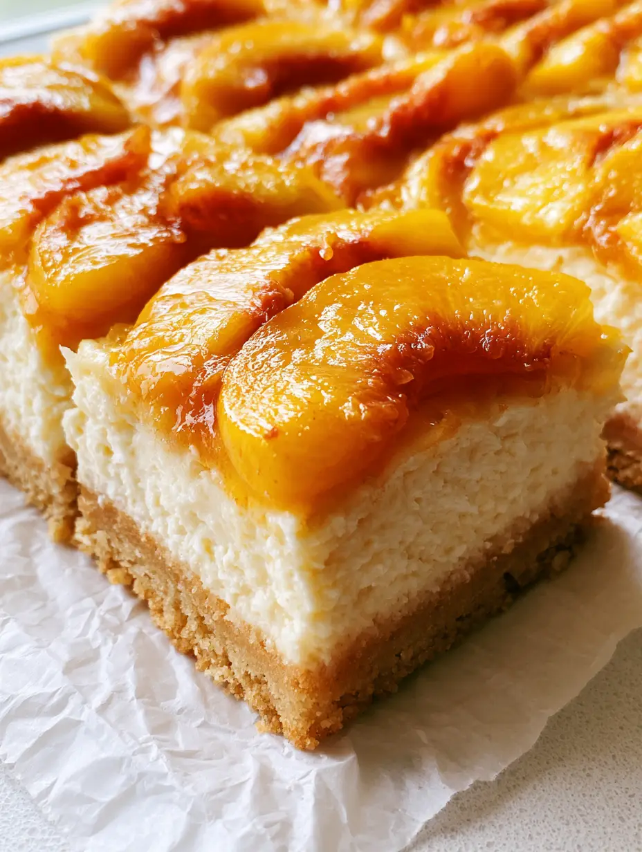 Handheld photo showing the side profile of Peach and Cream Cheese Bars with a thick crust and creamy center.