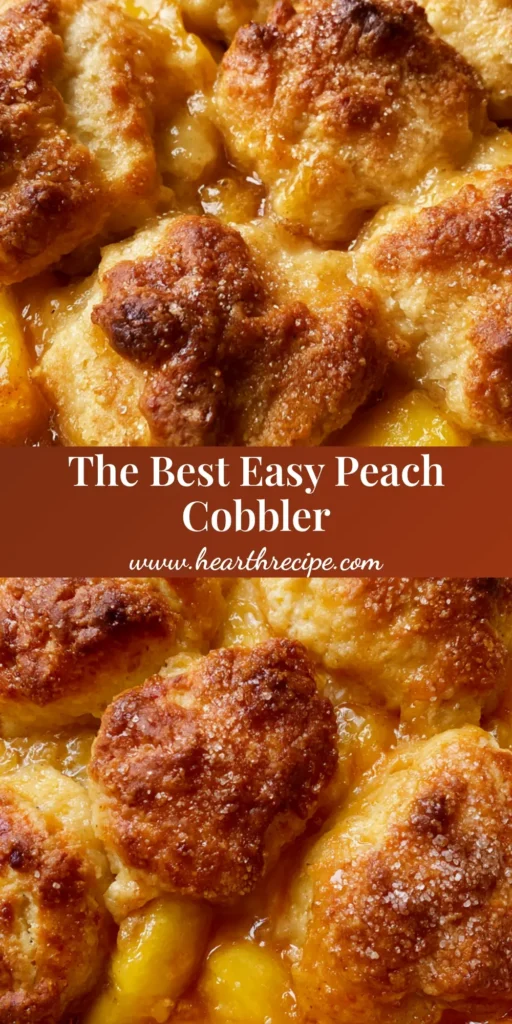 A handheld photo of a homemade peach cobbler in a white ceramic dish featuring golden-brown biscuits and bubbling amber peach syrup.