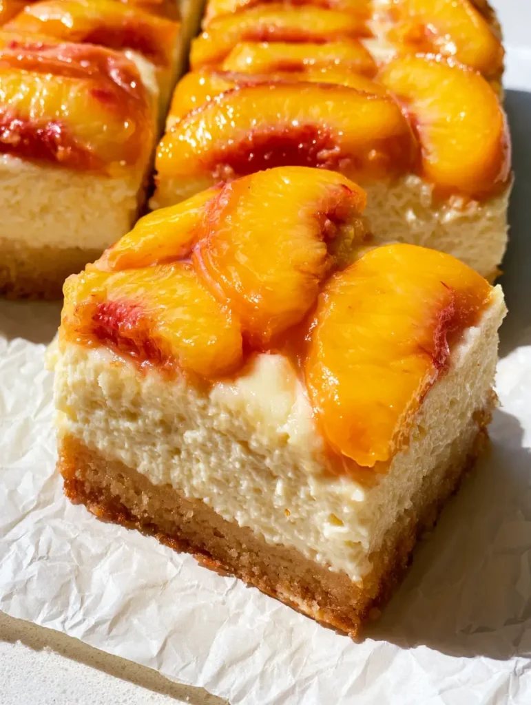 Top-down view of Peach and Cream Cheese Bars neatly arranged on white parchment paper showing vibrant orange fruit slices.