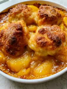 Close up of bubbling thick peach syrup and golden craggy drop biscuits with sugar granules. (Homemade Peach Cobbler)