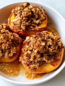 Detailed shot of halved baked peaches with thick golden-brown crumble topping and visible toasted oat flakes in a ceramic dish.