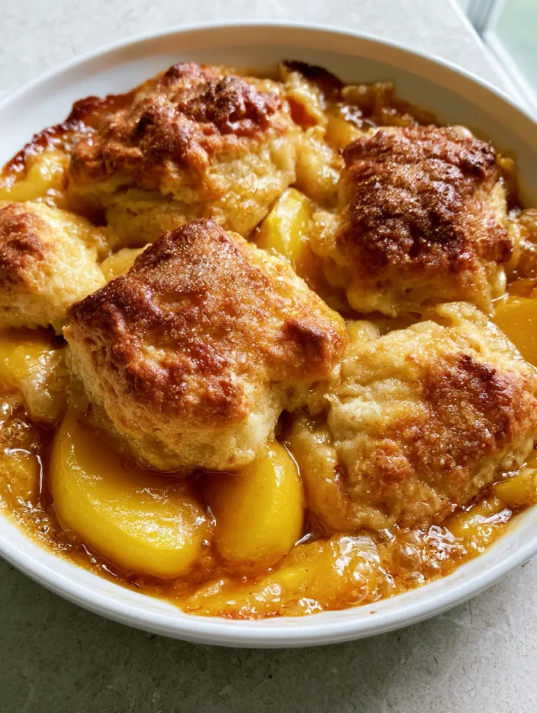 Authentic food photography of peach cobbler in a white dish on a stone countertop under natural light. (Homemade Peach Cobbler)