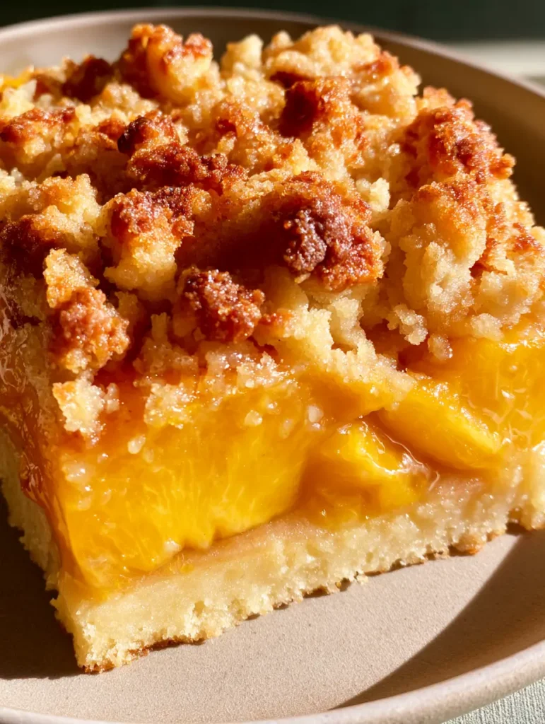 Peach Crumb Bars: The Ultimate Buttery Shortbread and Glazed Fruit Squares 2 Close-up of a single Peach Crumb Bar featuring vibrant orange-yellow peach slices and a clear sweet syrup glaze.