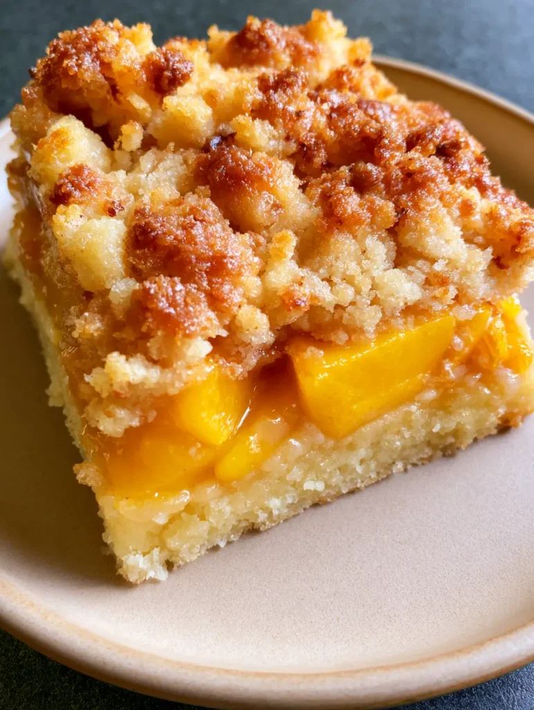 Peach Crumb Bars: The Ultimate Buttery Shortbread and Glazed Fruit Squares 1 Top-down view of Peach Crumb Bars with a heavy scattering of golden-brown oat crumble on a ceramic plate.