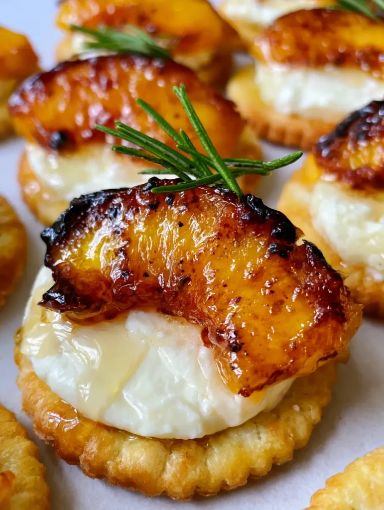 Caramelized Peach Appetizer with Fresh Mozzarella and Honey 1 Close up of caramelized peach wedges with dark browned edges and glossy honey drizzle.