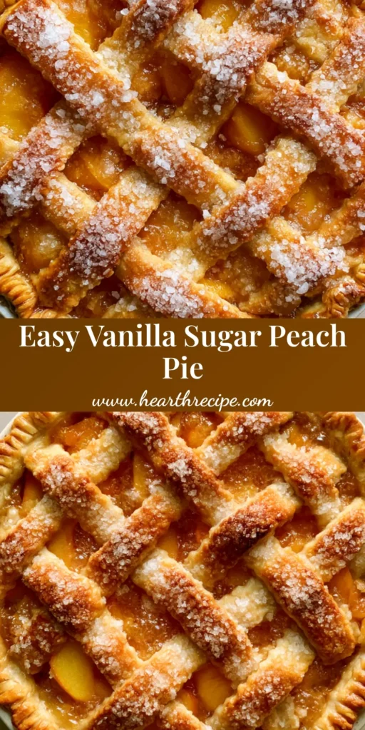 A round ceramic pie dish featuring a golden-brown Peach Pie Recipe with a hand-woven lattice and visible vanilla sugar grains.
