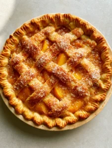 Close up of a hand-woven lattice on a Peach Pie Recipe showing bubbling amber glaze and fluted edges.