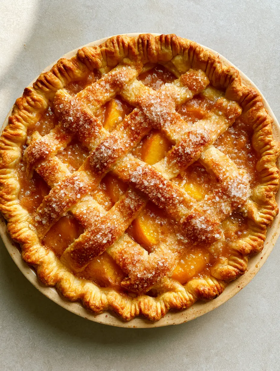 Close up of a hand-woven lattice on a Peach Pie Recipe showing bubbling amber glaze and fluted edges.