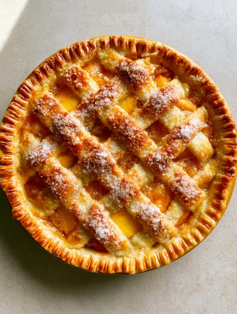 A finished Peach Pie Recipe in a ceramic dish resting on a grey stone surface in natural light.