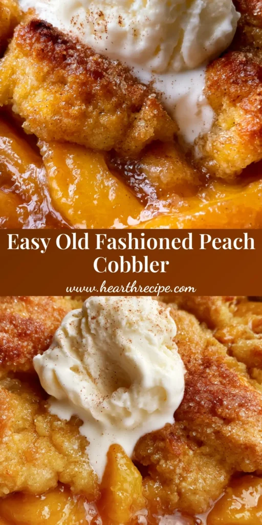 A rustic peach cobbler in a white ceramic dish with a golden biscuit crust and melting vanilla ice cream. (Easy Peach Cobbler Recipe)