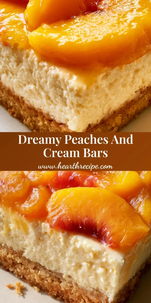 A close-up vertical shot of Peaches and Cream Pie Bars showing the thick golden shortbread crust and glistening fanned peach topping.