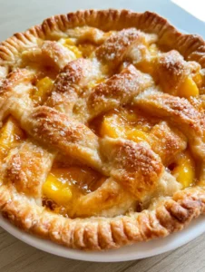 A handheld smartphone photo of a freshly baked peach pie with crimped edges and coarse sugar. (Peach Pie Recipe)