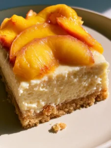 Macro shot of a rectangular peaches and cream pie bar with a dense cheesecake layer and vibrant orange peach fans. (Peaches and Cream Pie Bars)