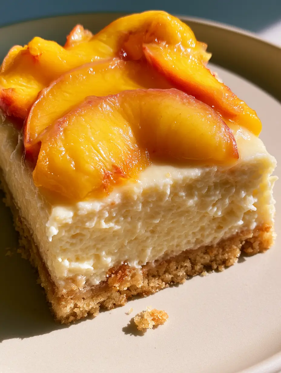 Macro shot of a rectangular peaches and cream pie bar with a dense cheesecake layer and vibrant orange peach fans. (Peaches and Cream Pie Bars)