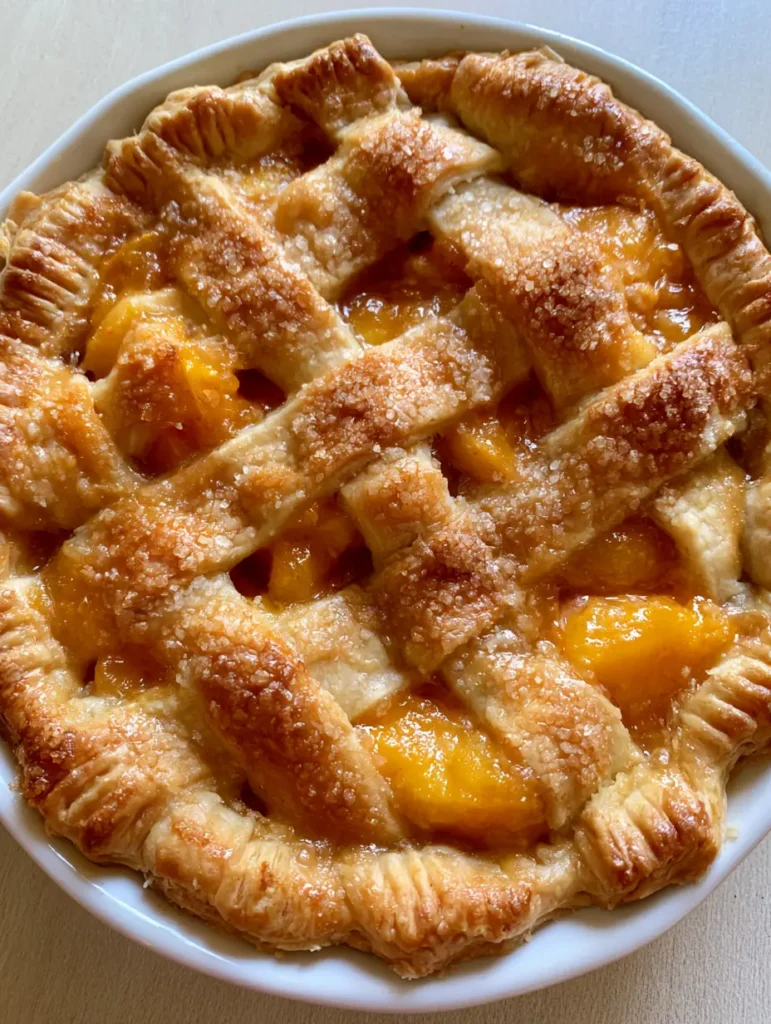 Detailed view of the thick bubbling amber glaze and sliced peaches through a flaky pastry lattice. (Peach Pie Recipe)