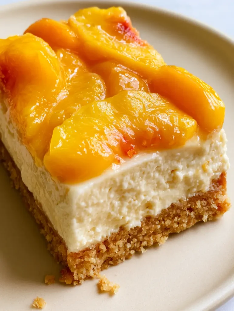 A single peach bar on a ceramic plate with soft natural lighting highlighting the clear fruit glaze. (Peaches and Cream Pie Bars)