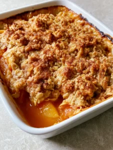 Close up view of Easy Peach Crisp topping with flour clusters and cinnamon sugar granules.