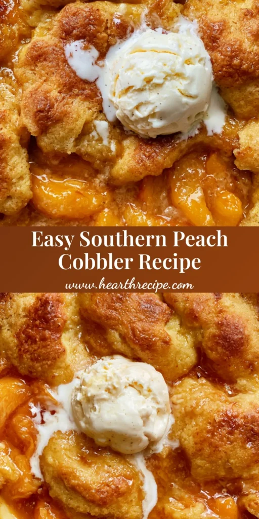A top-down view of a Southern Peach Cobbler Recipe in a white dish with a scoop of melting vanilla ice cream and caramelized crust edges.