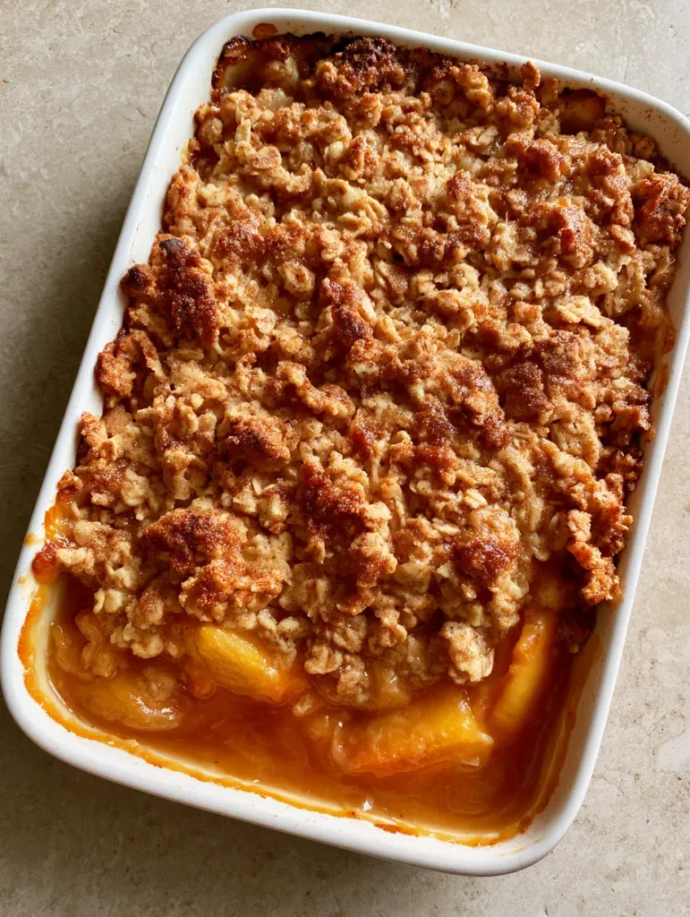 Spoonful of Easy Peach Crisp revealing the thick translucent amber syrup and soft peach slices.