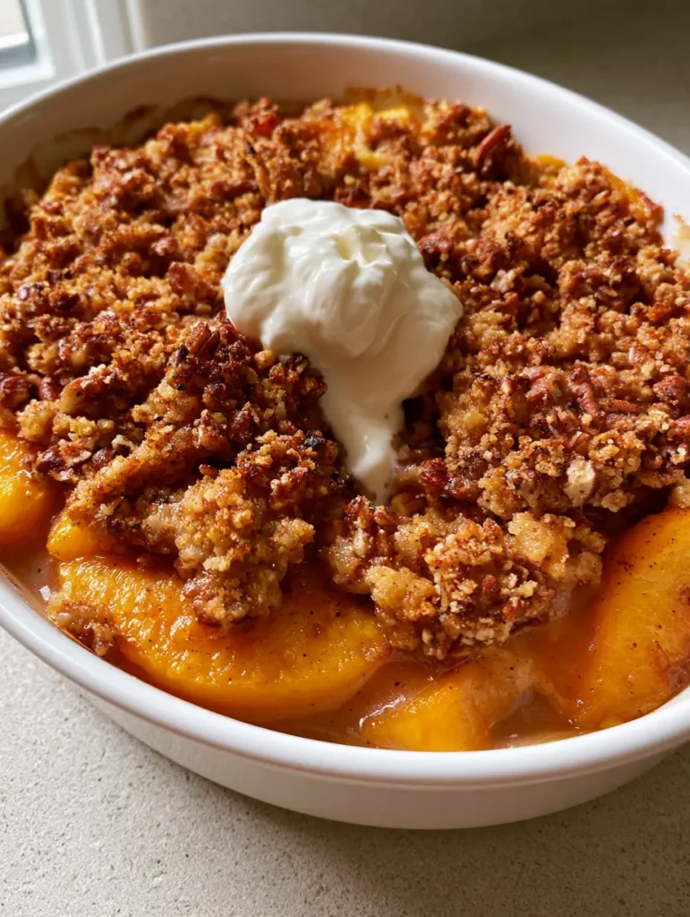 Top-down view of a golden-brown almond flour and pecan crumble topping on a Peach Crisp with Fresh Peaches.