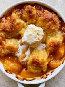 Close-up of golden-brown cake crust and bubbling amber peach syrup in a Peach Cobbler Recipe.