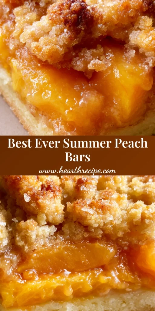 Peach Bars Recipe: The Ultimate Buttery Shortbread and Jammy Fruit Crumble 4 A close-up shot of a square peach crumble bar with a thick pale golden shortbread crust and glistening syrupy peaches. (Peach Bars Recipe)