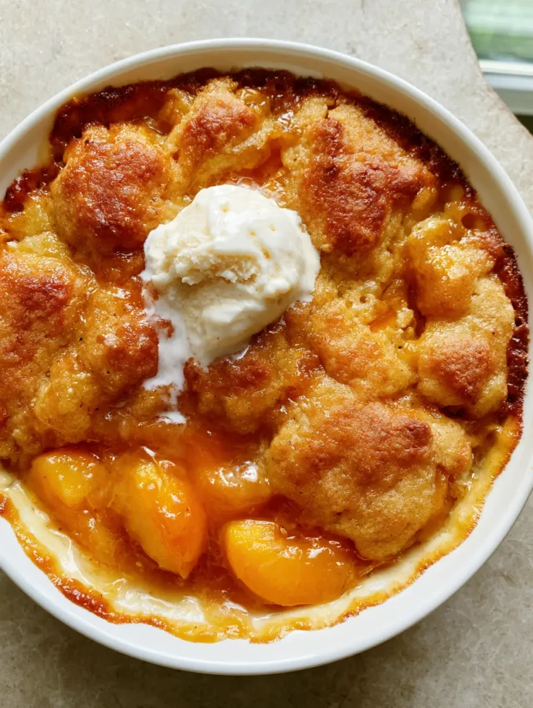 A scoop of melting vanilla bean ice cream on top of a fresh Peach Cobbler Recipe.