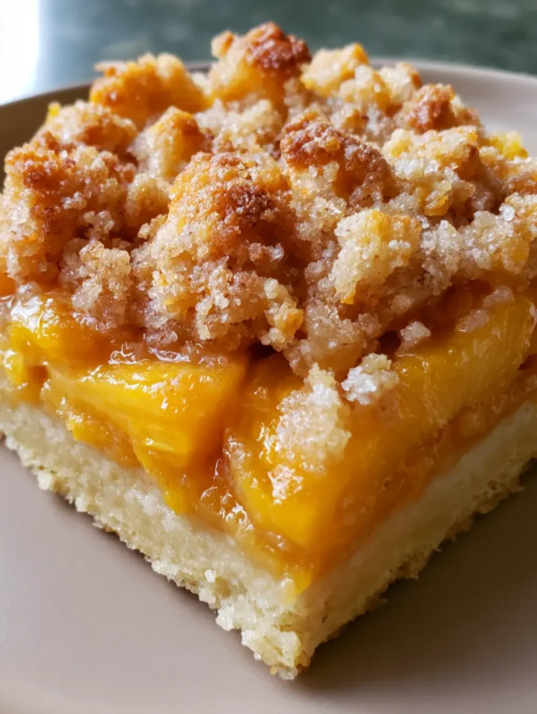 Detailed close-up of a peach crumble bar showing the toasted streusel and sugar bits. (Peach Bars Recipe)