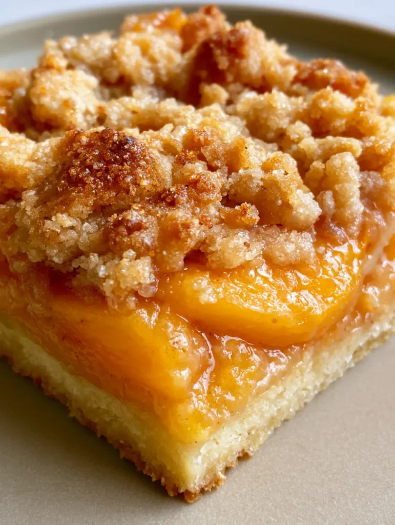 Peach Bars Recipe: The Ultimate Buttery Shortbread and Jammy Fruit Crumble 1 Cross-section of a peach bar revealing the thick shortbread base and vibrant orange jammy peaches.